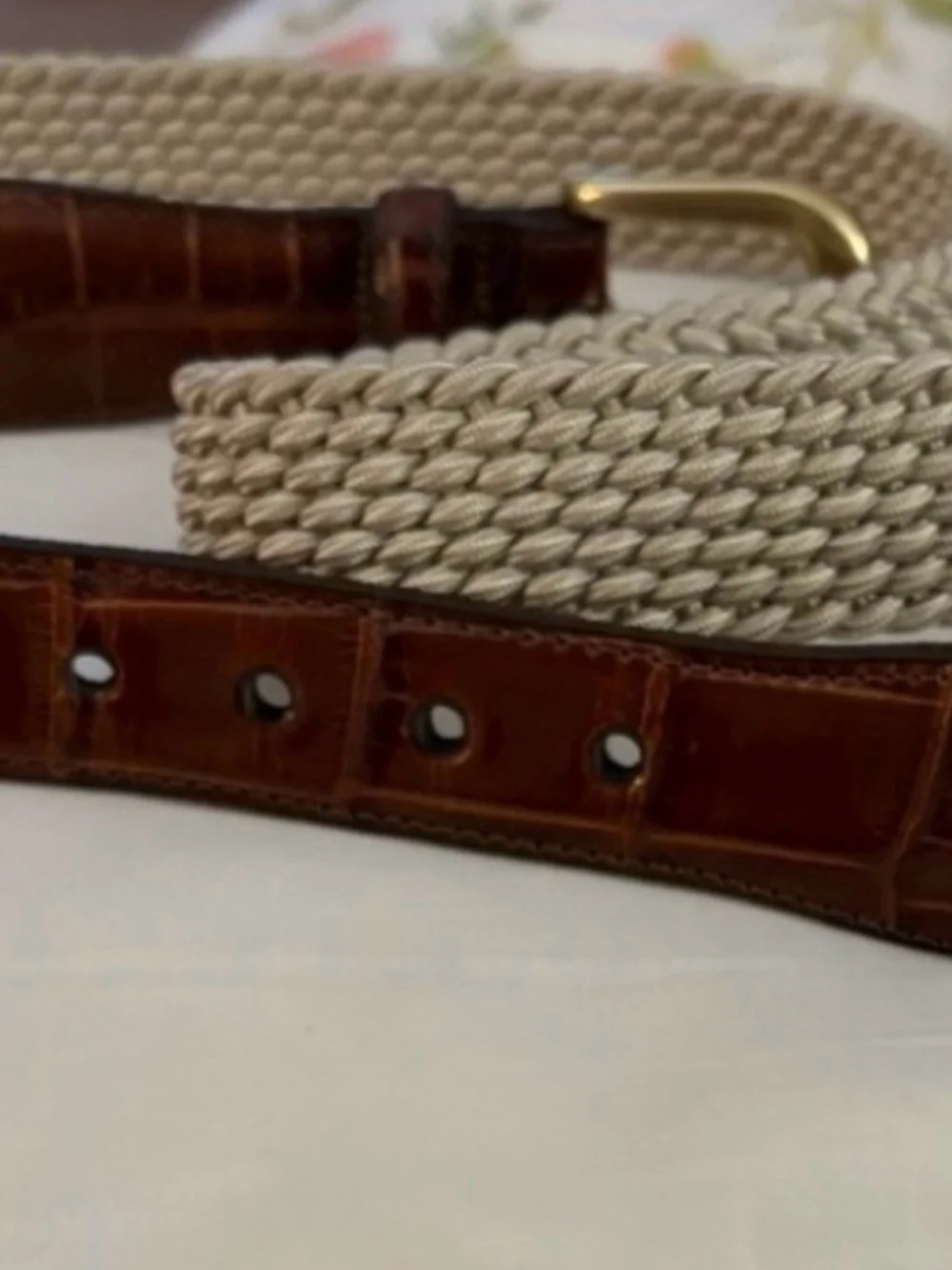 Brighton Men's Buckle Belt in beige with brown Croc Trim Brass  (New)